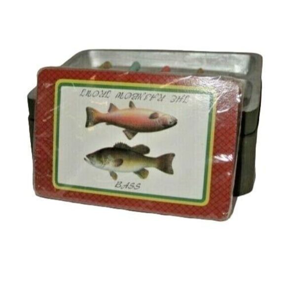 Dezine Porcelain Fishing Trinket Box Hand Painted Lures Hooks Fish Playing Cards - Picture 2 of 5